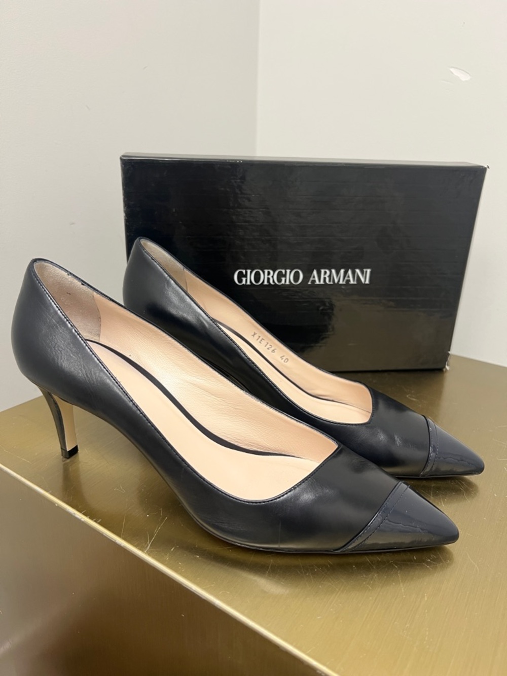 Giorgio Armani Navy Leather and  Patent Cap-Toe Pumps